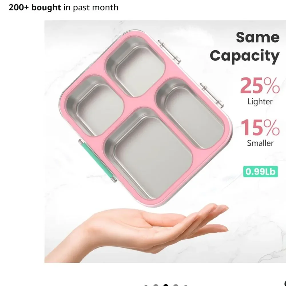 NEW Stainless Steel Bento Lunch Box 4 Cups Pink